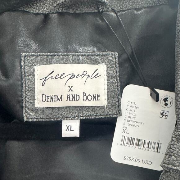 Free People Denim & Bone Patchwork Moto Leather Jacket Size XL - Picture 6 of 8